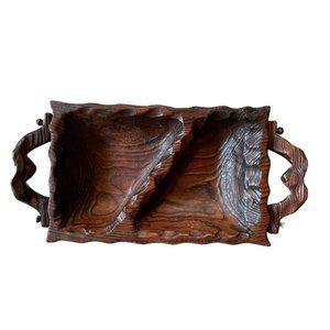 Vintage Wood Carved Dual Bowl Mid Century Handles Hand Forged Nails Dark Brown